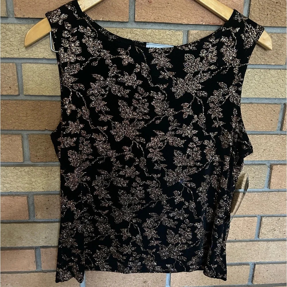 METAPHOR Black Top Women's Large Stretch Tank Gold Glitter Holiday Sparkle NWT